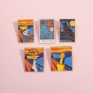 Five creative enamel pins featuring artistic mashups of famous paintings and animals