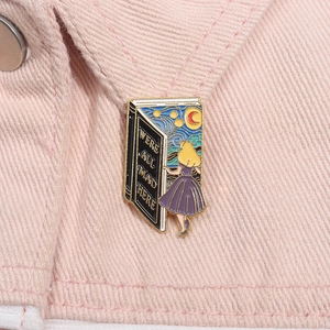 Artistic enamel book brooch with Van Gogh Starry Night style and Alice in Wonderland quote