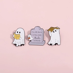 Halloween ghost enamel pins set with books and tombstone on pink background