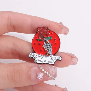 Skull hand holding a red rose enamel pin with slogan for Halloween apparel accessories