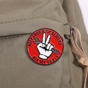Round enamel rose series metal pin badge on canvas bag with keep off my tools text