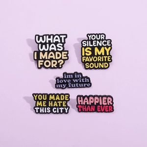 Set of 5 colorful enamel lyric pins with inspiring English quotes on purple background
