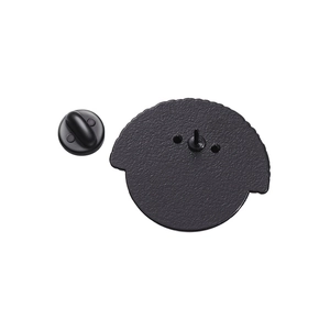 Detailed back view of a metal enamel pin featuring a textured finish and black rubber clutch