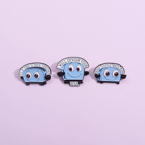 Three-piece set of blue toaster enamel pins with dark humor quotes on purple background