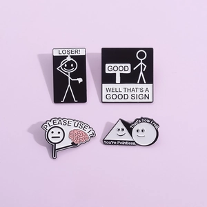 Set mit vier kreativen Emaille-Pins mit humorvollen minimalistischen Stickman-Meme-Designs
