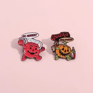 Halloween Ghoul Aid enamel pins featuring a classic cartoon character and pumpkin design