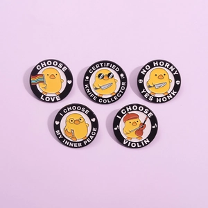 Five-piece cartoon yellow duck enamel pins set featuring humorous slogans and diverse themes