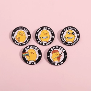Set of five funny yellow chick enamel pins with humorous quotes and metal plating