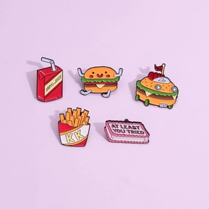 Cute cartoon enamel pin set featuring burger, fries, and juice designs for backpacks