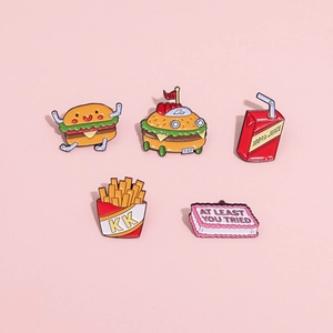 5-piece fast food enamel pin set featuring cartoon burger fries and funny cake badges