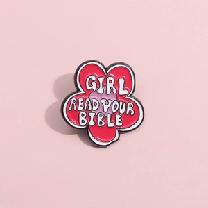 Pink and red flower enamel pin badge featuring the text Girl Read Your Bible for women