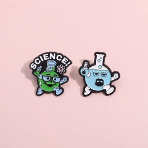 Creative science chemistry enamel pins set with green and blue flask badges on pink background