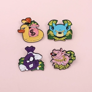 Set of four cartoon enamel pins featuring street style duck, bear, pig, and money bag designs