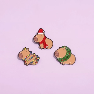 Christmas Capybara enamel pin set with holiday hats, scarves and festive lights