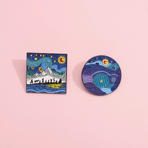 Artistic Starry Night enamel pins with Lord of the Rings and Hobbit motifs on pink background