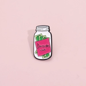 Creative cartoon enamel pin featuring a Douchebag Jar design with green cash and pink label