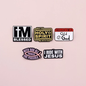 Set of five creative religious cross enamel pins with blessed lettering and slogans