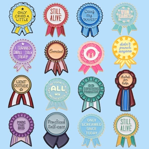 Set of 16 colorful enamel award ribbon pins with humorous English phrases