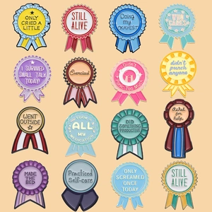 Collection of 16 enamel medal pins with humorous phrases on colorful ribbon designs