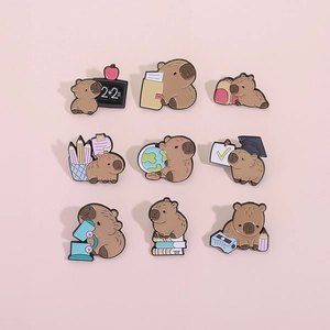 Set of 9 cute capybara enamel pins with school science and math themed accessories
