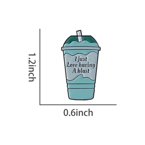 Detail showing enamel drink cup brooch with dimension measurements of 1.2 by 0.6 inches