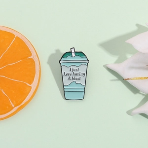 Creative drink cup enamel pin badge with straw and summer beverage text design