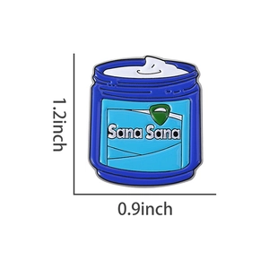 Detail view of blue enamel Sana Sana jar pin badge with exact dimensions shown