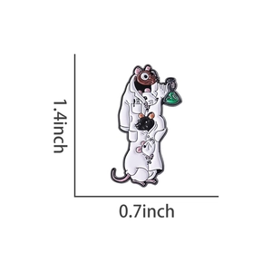 Detail showing white lab rat enamel pin dimensions measuring 1.4 by 0.7 inches