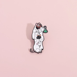 Cartoon enamel brooch featuring a white coat lab rat scientist with a green flask