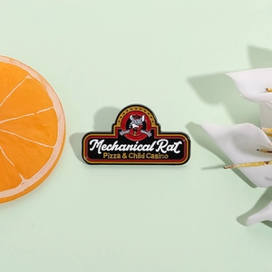 Mechanical Rat Pizza metal enamel pin with cartoon mouse and retro lettering design