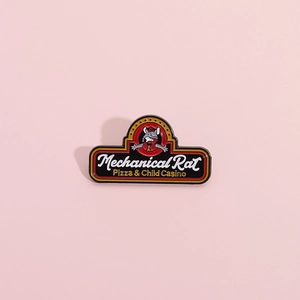 Mechanical Rat Pizza enamel pin with cartoon mouse and bold letters on pink background