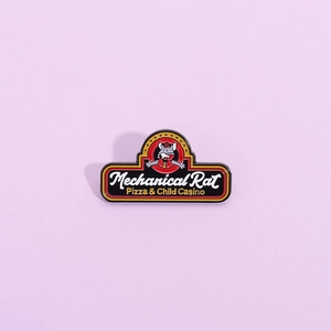 Vintage Mechanical Rat enamel pin with pizza and casino theme on a purple background