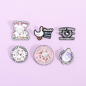 Set of 6 cartoon enamel goose pins with funny English text on purple background