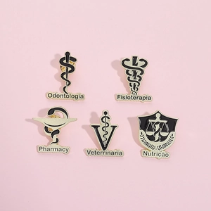 Medical enamel pins set including dentistry and pharmacy emblems on pink background