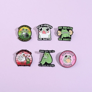 Set of 6 cute cartoon green frog enamel pins with humorous and inspirational designs