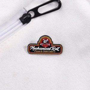 Mechanical Rat Pizza enamel pin with cartoon character on white canvas background