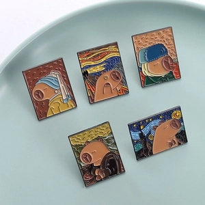 Detail of five Capybara enamel pins inspired by famous oil paintings on a blue ceramic plate