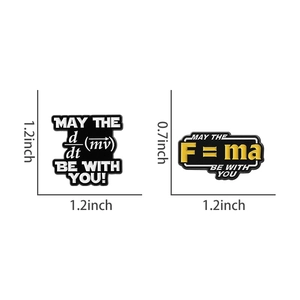 Detailed view of physics formula enamel pins featuring F=ma and force equations with sizing