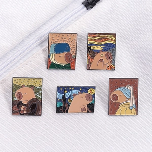 Five-piece set of Capybara enamel pins featuring famous art paintings on white canvas
