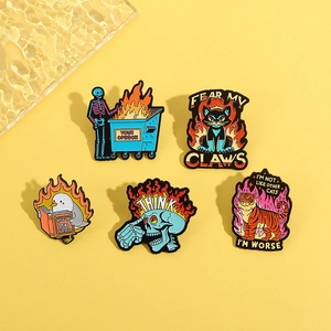 Punk metal pins collection featuring flaming cat, angry tiger, and skull designs