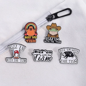 Detailed enamel pins featuring cartoon capybara, frog and possum on white canvas bag