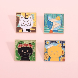 Detailed set of four artist-inspired cat enamel pins featuring Dali and Van Gogh styles