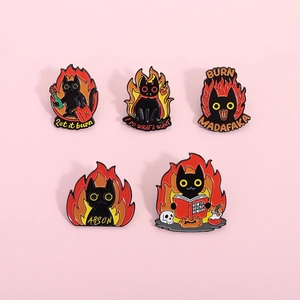 Set of five cartoon black cat enamel pins featuring humorous fire and arson themes