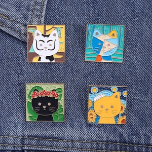 Detailed view of four artistic cat enamel pins featuring Van Gogh oil painting styles