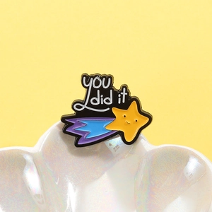 Cute shooting star enamel brooch with smile and You Did It text on cloud tray