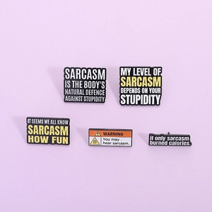 Set of 5 minimalist enamel pins with humorous English quotes on purple background