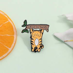 Détail du pin's émaillé chat orange avec texte Hang In There sur fond vert clair