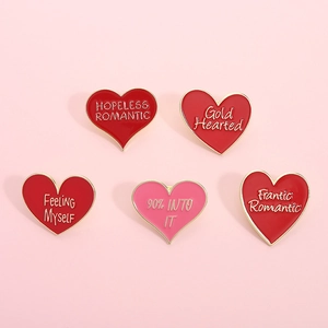 Creative red and pink heart enamel lapel pins with inspirational quotes and gold plating