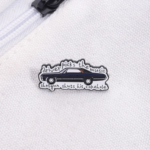 Cartoon metal enamel pin with retro car design and driver picks the music quote