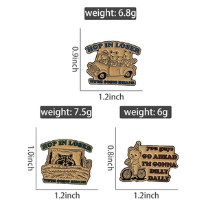 Detailed view of three cute animal enamel pins with exact weight and size specifications